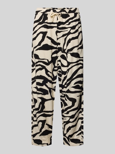 Productfoto, Leinenhose mit Eingrifftaschen Modell 'LINNO' van ICHI, dames linnen-viscose-mix barrel fit, elastische taille met koord, Franse steekzakken, beige met zwarte zebraprint, zachte stoftextuur