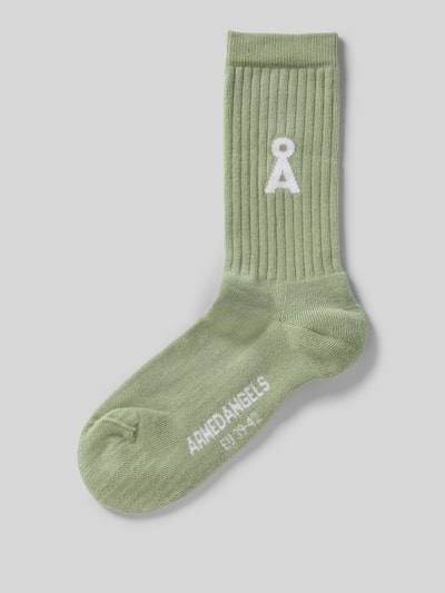 Productfoto, Sokken uit katoenmix model 'SAAMUS BOLD' van Armedangels in effen groen met geribde boord, labeltekst en logo, stretchmateriaal