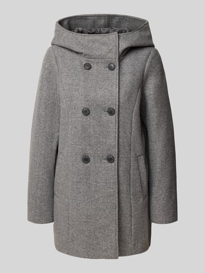Productfoto, Wollmantel mit Kapuze van VERO MODA in effen grijs, dubbele knopenrij, lange mouw, afgeronde zoom, zijdelingse steekzakken