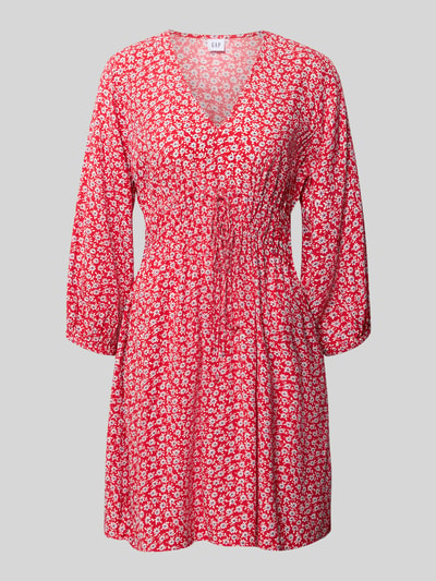 Produktfoto, mini-jurk van zuiver viscose met bloemen all-over print, getailleerde pasvorm, V-hals, 3/4-mouwen, GAP, ruglengte maat S 86 cm, borstwijdte maat S 52 cm, mouwlengte maat S 42 cm