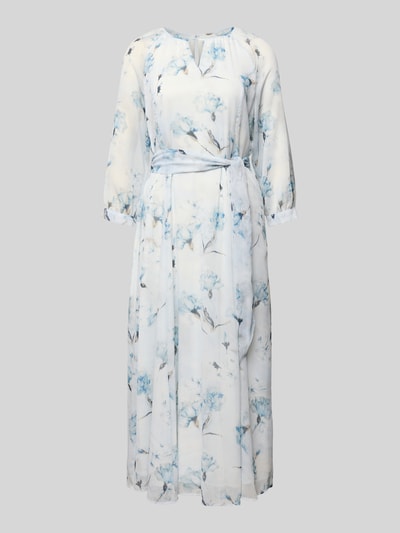 Produktfoto, Midikleid mit Bindegürtel von More & More, weiß-blaues florales Muster, Taillierter Schnitt, Rundhalsausschnitt mit Cut-Out, 3/4-Arm, rückseitiger Schlüsselloch-Ausschnitt, rückseitiger Reißverschluss, Rückenlänge 128 cm, Brustweite 42 cm, Ärmellänge 58 cm, fließende Textur