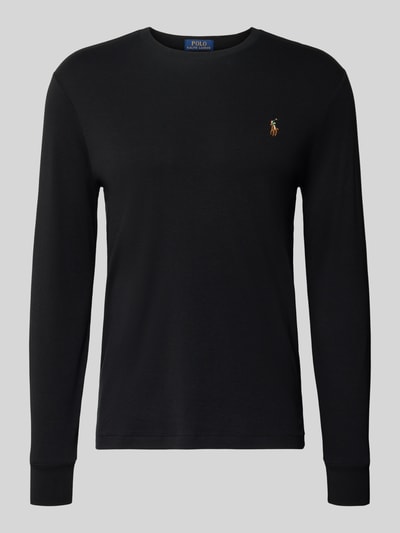 Produktfoto, czarny Longsleeve mit gerippten Abschlüssen von Polo Ralph Lauren, bawełna, regular fit, okrągły dekolt, detal z logo.