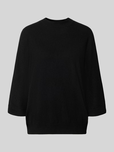 Produktfoto, schwarzer Relaxed Fit Pullover aus reinem Kaschmir in Strick-Optik von HERZENS, Rundhalsausschnitt, 3/4-Arm, elastischer Bund