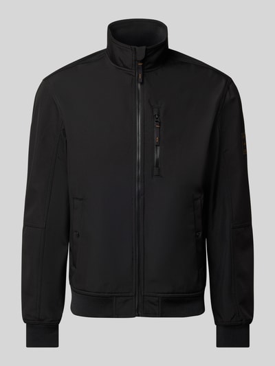 Produktfoto, schwarze Regular Fit Bomberjacke mit Stehkragen Modell 'Parker' von Jack & Jones, Softshell, Eingrifftaschen, elastische Abschlüsse