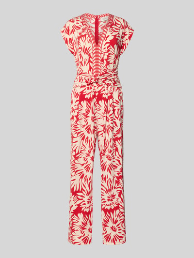 Produktfoto, Jumpsuit mit V-Ausschnitt und Eingrifftaschen van ROBE LÉGÈRE in rood-wit all-over look, materiaalmix met stretch, getailleerd model, totale lengte 143 cm, steekzakken