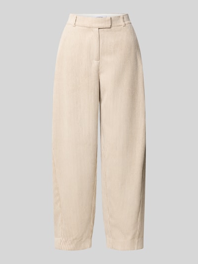 Produktfoto, beige Barrel Fit Cordhose mit Gesäßtaschen von COMMA, feine Rippenstruktur, Bundweite 37 cm, Innenbeinlänge 67 cm, Vorderansicht.