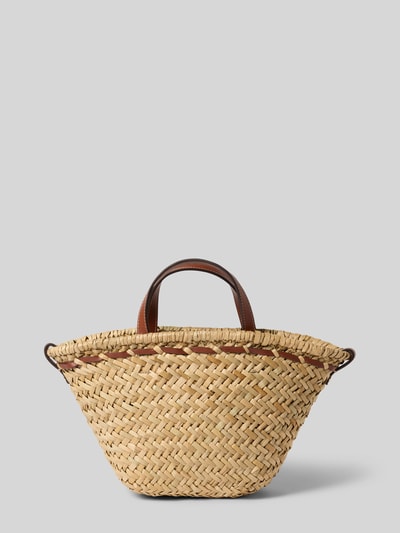 Produktfoto, Handtasche mit Schulterriemen Modell 'CIES' von Mango, Hauptfach offen, Tragehenkel, Breite 37 cm, Länge 20 cm, Tiefe 9 cm, Länge Schulterriemen 29 cm, Flechtstruktur in Beige und Braun, strukturierte Korboptik