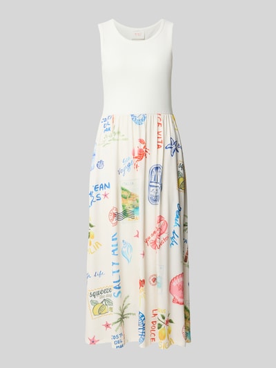 Produktfoto, midi-jurk met all-over motiefprint van Oui in wit, meerkleurige prints, elastische materiaalmix, getailleerd, ronde hals, mouwloos design, ruglengte bij maat 36: 115 cm, borstwijdte bij maat 36: 35 cm