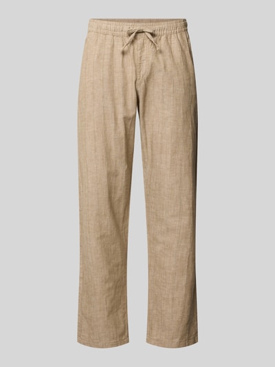 Produktfoto, Relaxed Fit Hose aus Baumwoll-Leinen-Mix Modell 'KANE' von Jack & Jones in Beige mit elastischem Bund, Tunnelzug, Gesäßtasche, Bundweite 41 cm, Innenbeinlänge 77 cm, leichte Struktur.