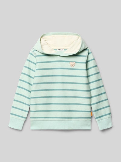 Produktfoto, Hoodie aus reiner Baumwolle von Steiff für kinderen mit motiefapplicatie, losse pasvorm, capuchon, elastische boorden, turquoise gestreept