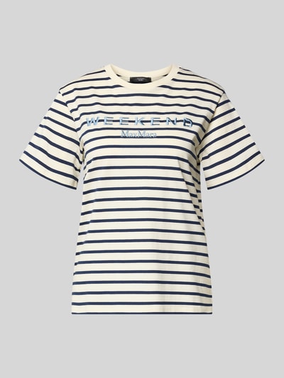 Produktfoto, Relaxed Fit T-Shirt aus reiner Baumwolle Modell 'BORA' von Weekend Max Mara, Damen T-Shirt mit Optik: Unifarben, Motiv-Stickerei, Rundhals-Ausschnitt, Ärmelform: Kurzarm, Materialverarbeitung: Jersey, cremefarben mit dunkelblauen Streifen und glatter Textur.