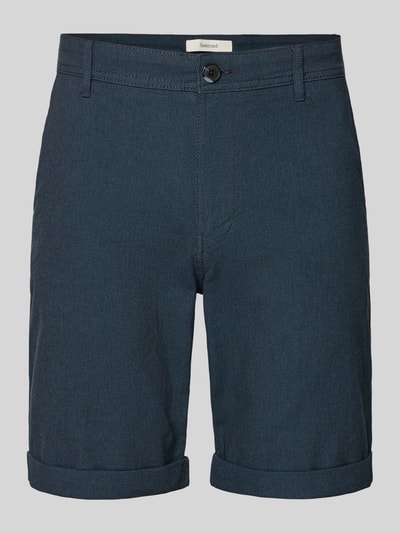 Produktfoto, dunkelblaue Slim Fit Chinoshorts aus Baumwoll-Mix Modell 'LUTON' von SELECTED HOMME, feine Webstruktur, unifarben, Label-Applikation, Gürtelschlaufen, Knopf- und Reißverschluss, seitliche Eingrifftaschen, Gesäßtaschen mit Knopf