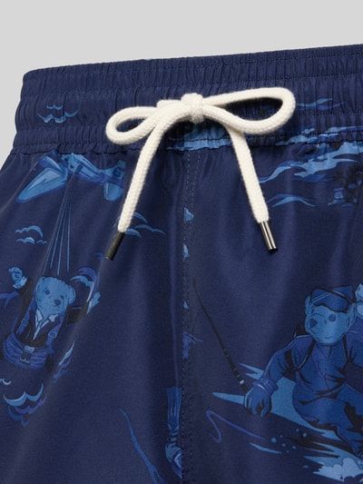 Produktfoto, Badehose mit elastischem Bund und Tunnelzug von Polo Ralph Lauren Underwear, dunkelblau mit Allover-Muster, glatte Textur