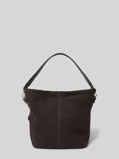 Productfoto, Handtasche aus echtem Veloursleder Modell 'Lya' van LIEBESKIND BERLIN in donkerbruin suède met reliëflogo, hoofdvak met tunnelkoord, afneembare schouderband, breedte maat 1: 44 cm, lengte maat 1: 36 cm, diepte maat 1: 16 cm, bandlengte maat 1: 120 cm