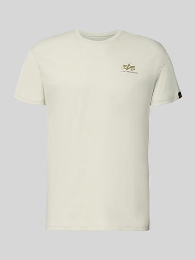 Produktfoto, T-Shirt aus Baumwolle von Alpha Industries für Herren, Reine Baumwolle, Gerader-Schnitt, Rundhalsausschnitt, Label-Print-Details, Rückenlänge 67 cm bei Größe M, einfarbiges Design, glatte Textur.