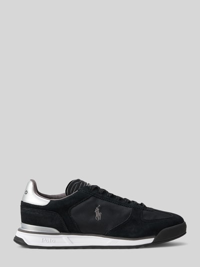 Produktfoto, Low Top Sneaker aus echtem Leder von Polo Ralph Lauren, schwarz, unifarben, flache Sohle, Mesh-Einsätze, Logo-Stitching, abgerundete Schuhspitze