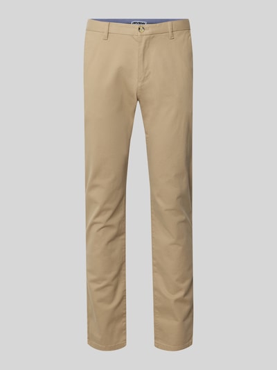 Produktfoto, Schmale Chino mit gerader Silhouette und mittlerer Bundhöhe von REVIEW, Beige, glatte Baumwoll-Elasthan-Oberfläche, Slim Fit, mittlere Bundhöhe, Gesäßtaschen, Bundweite Größe M 43 cm, Innenbeinlänge 81 cm