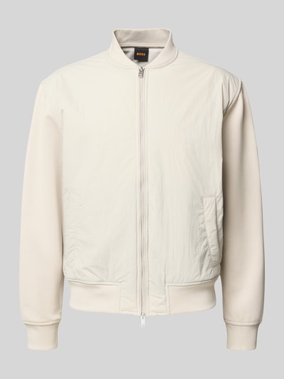 Produktfoto, Regular Fit Bomberjacke met katoen van BOSS Orange, uni crème, collegekraag, rits, labeldetail, geribde boorden, zijzakken.