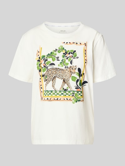 Produktfoto, T-Shirt mit Motiv-Print von Marc Cain, biała bawełna, krój regular fit, wzór z perłami, dekolt okrągły, długość pleców 60 cm