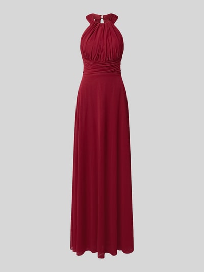Produktfoto, Abendkleid mit Neckholder und Raffungen von TROYDEN COLLECTION aus bordeauxfarbenem Chiffon, taillierter Schnitt, Maxikleid, krój slim fit, Neckholder mit Hakenverschluss, Raffungen, rückseitiger Reißverschluss, długość tyłu w rozmiarze 36: 167 cm, szerokość w rozmiarze 36: 28 cm