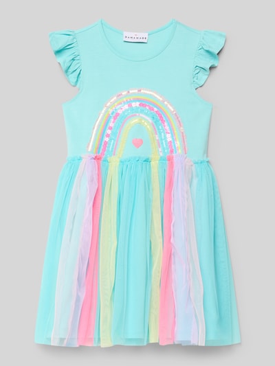 Productfoto, jurk met pailletten en stitching van DANAMADE, mix van katoen en elastaan, recht model, pailletten, stitching, ronde hals, pasteltinten, kleurrijke tule, regenboogmotief, maten voor kinderen