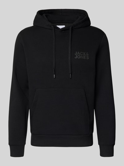 Produktfoto, Hoodie mit Label-Print und Känguru-Tasche von Jack & Jones, Baumwoll-Mix, Regular Fit, schwarz, glatte Oberfläche