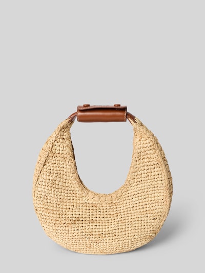 Produktfoto, Handtasche mit Tragehenkel Modell 'MOON RAFFIA TOTE BAG' von Staud, główna przegroda zapięcie na magnes, detal z logo, rafia i łyko, uchwyt, szerokość w rozmiarze 1: 31 cm, długość w rozmiarze 1: 30 cm, głębokość w rozmiarze 1: 11 cm, długość paska na ramię w rozmiarze 1: 15 cm, naturalne kolory, okrągły kształt, widoczna tekstura plecionki