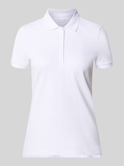 Produktfoto, weißes Slim Fit Poloshirt mit Knopfleiste aus Baumwoll-Elasthan-Mix, Seitenschlitze, Rückenlänge 62 cm, von Christian Berg Woman.