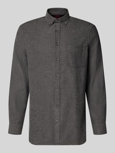 Produktfoto, Slim Fit Freizeithemd aus Flanell mit Button-Down-Kragen von Christian Berg Men in Dunkelgrau, reine Baumwolle, sichtbare Brusttasche, feine Textur