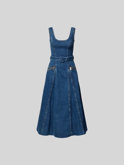 Produktfoto, Minikleid in Denim-Optik von Self-Portrait aus Baumwoll-Mix, taillierte Passform, A-Linie, ärmelloses Design, blaue Textur