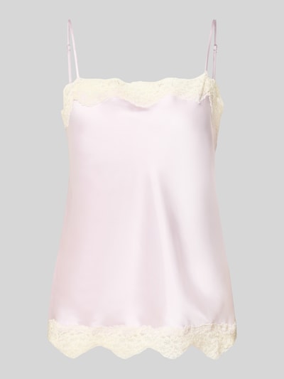 Produktfoto, Trägertop mit Spitzenbesatz Modell 'DELICAT' von MANGO aus Satin in zartem Rosa, Regular-Fit, Spaghettiträger, Rückenlänge bei Größe S: 41 cm, glatte Oberfläche mit hellen Spitzenakzenten.