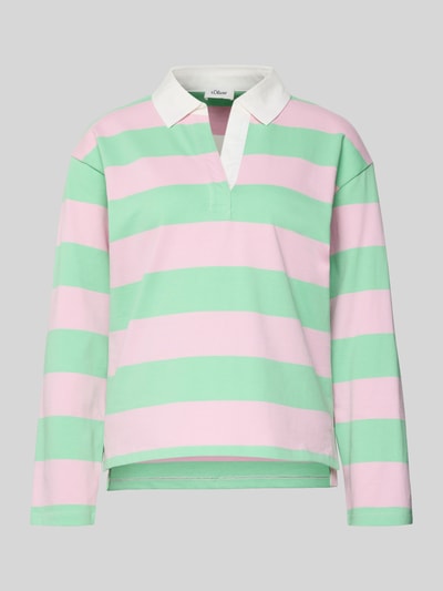 Produktfoto, Regular Fit Poloshirt aus reiner Baumwolle von s.Oliver RED LABEL in Rosa-Grün gestreift, Piqué-Optik, Polokragen, Label Stitching, langarm, Seitenschlitze, asymmetrisch