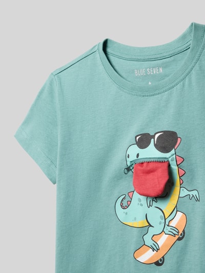 Produktfoto, T-Shirt mit Rundhalsausschnitt und Motiv-Print von Blue Seven, bawełna, prosty krój, miętowy z dinozaurem na deskorolce
