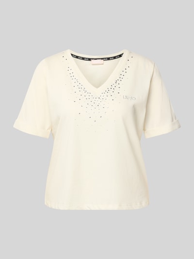 Liu Jo Sport T-Shirt mit Strasssteinbesatz und V-Ausschnitt Offwhite 2
