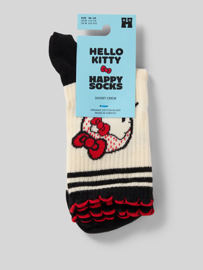 Produktfoto, Socken aus Baumwoll-Mix Modell 'HELLO KITTY RIBBON' von Happy Socks, cremefarben mit Ripp-Optik, Muschelsaum, Label-Detail