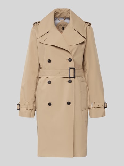 Produktfoto, Regular Fit Trenchcoat mit abnehmbarem Stoffgürtel Modell 'Talya' von SAVE THE DUCK in Beige mit Reverskragen, doppelter Knopfleiste, Eingrifftaschen, glatter Textur, Rückenlänge 94 cm, Schulterbreite 43 cm, Brustweite 48 cm, Ärmellänge 61 cm.
