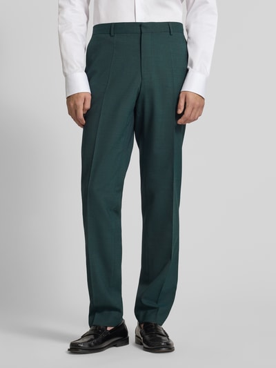 Männermodel trägt Regular Fit Anzughose mit Schurwoll-Anteil Modell 'LEON' von BOSS, Bi-Color Optik, Bügelfalten, seitliche Eingrifftaschen, Ganzkörperansicht von vorne.