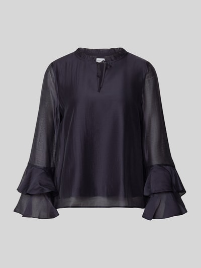 Produktfoto, Regular Fit Bluse aus Lyocell-Mix mit Volants von Comma in dunklem Violett, transparenter Stoff, Schlüsselloch-Ausschnitt, Rückenlänge 58 cm, Ärmellänge 60 cm.