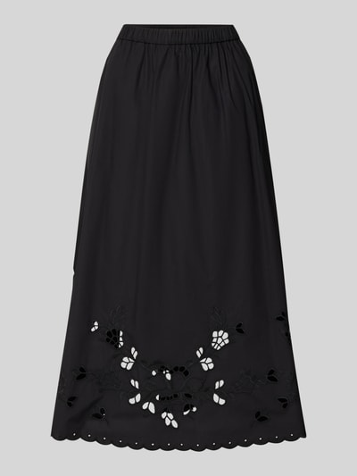 Produktfoto, Ausgestellter Maxi-Rock aus reiner Baumwolle Modell 'CARAVAN' von Weekend Max Mara in Schwarz mit floralen Allover-Lochstickereien, Elastisch am Bundabschluss, Materialverarbeitung: Popeline, Optik:Allover-Muster, Länge: Maxi, reine Baumwolle.