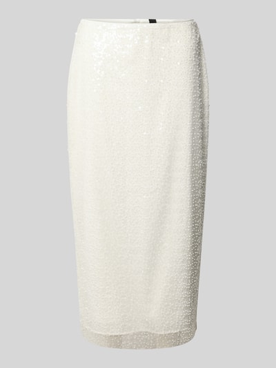 Produktfoto, Bleistiftrock mit rückseitigem Gehschlitz von Marc Cain, weiß, Paillettenbesatz, Körpernaher-Schnitt, Midirock, glatte Textur, Größenangaben 36: Bundweite 39 cm, Gesamtlänge 80 cm