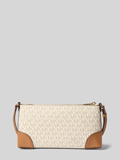 Produktfoto, Handtasche mit Allover-Logo-Print Modell 'Murphy' von MICHAEL Michael Kors, beżowa z brązowymi wstawkami, logo, prostokątny kształt, struktura skóry, zamknięcie na zamek, smukły pasek na ramię długości 112 cm, szerokość w rozmiarze 1: 25 cm, długość: 15 cm, głębokość: 5 cm, kieszeń wewnętrzna na suwak.