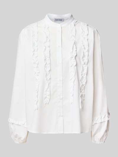 Produktfoto, Regular Fit Bluse aus Baumwoll-Mix mit Rüschenbesatz von MORE & MORE, weiß, elastischer Stoff, Stehkragen, lange Ärmel, Knopfleiste, Damenmode