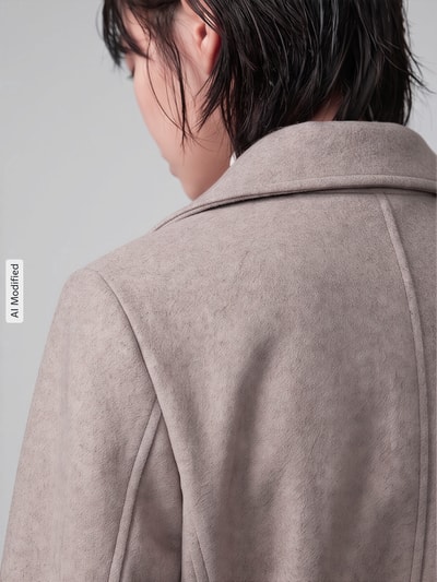 Frauenmodel trägt Regular Fit Webpelzmantel mit Bindegürtel Modell 'FORTUNEMAJA' von VERO MODA in Beige mit weicher Struktur, Nahaufnahme Rückansicht, KI-modifiziertes Bild.
