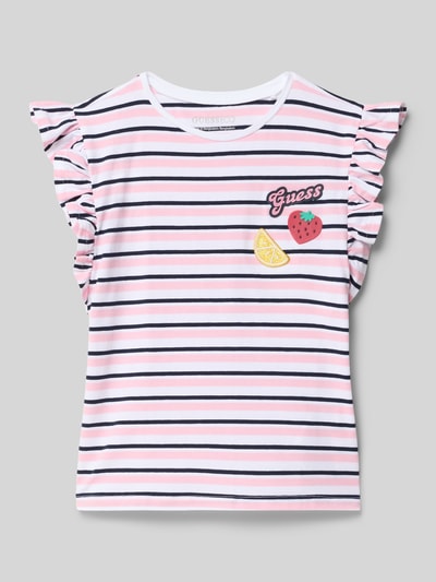 Produktfoto, T-shirt met ruches en logo van guess, mix van katoen en elastaan, regular fit, logoprint, ronde hals, ruglengte maat 116: 42 cm, voor kinderen, gestreept design met roze, zwart, wit en geel, zachte textuur