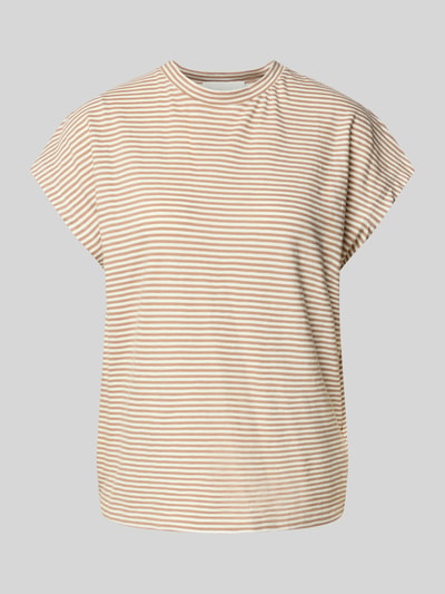 Produktfoto, Loose Fit T-Shirt ausm reiner Baumwolle van Armedangels, horizontale beige-witte strepen, zachte stof, Dames t-shirt