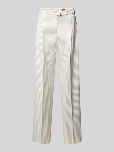 Produktfoto, Loose Fit Weite Hose mit Viskose-Anteil Modell 'HEJULY' von HUGO, cremefarben mit feinen grauen Streifen, Twill-Oberfläche, Bundfalte und Gürtel, Allover-Muster, gestreift.