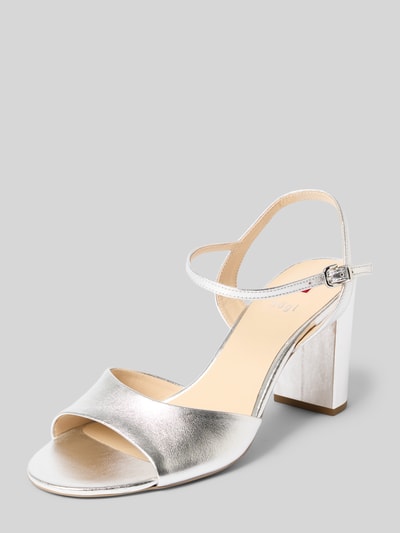 Productfoto, Sandaletten aus echtem Leder mit offener Ferse van Högl in metallic leer met blokhak, afgeronde pasvorm, doornsluiting, hakhoogte 9 cm, schachthoogte 1 cm, schachtbreedte 6 cm.