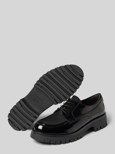 Produktfoto, czarne buty sznurowane 'Schnürschuhe mit Label-Print' od Tamaris, błyszcząca powierzchnia, gruba podeszwa, kontekst: damskie buty sznurowane Tamaris