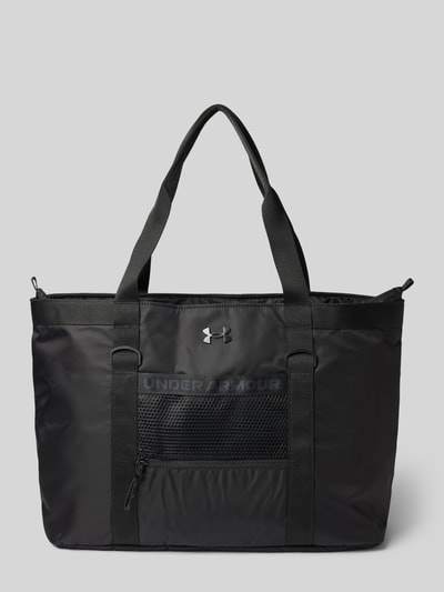 Produktfoto, zwarte shopper met logodetail van Under Armour, gladde textuur met netstructuurvak vooraan, Dames shopper