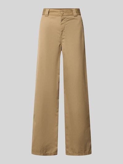 Produktfoto, Loose Straight Fit Hose mit Eingrifftaschen von Carhartt Work In Progress in Beige, glatter Material-Mix mit Baumwolle, gerade Form, sichtbarer Knopf- und Reißverschluss, Vorder- und Gesäßtaschen, für Damen